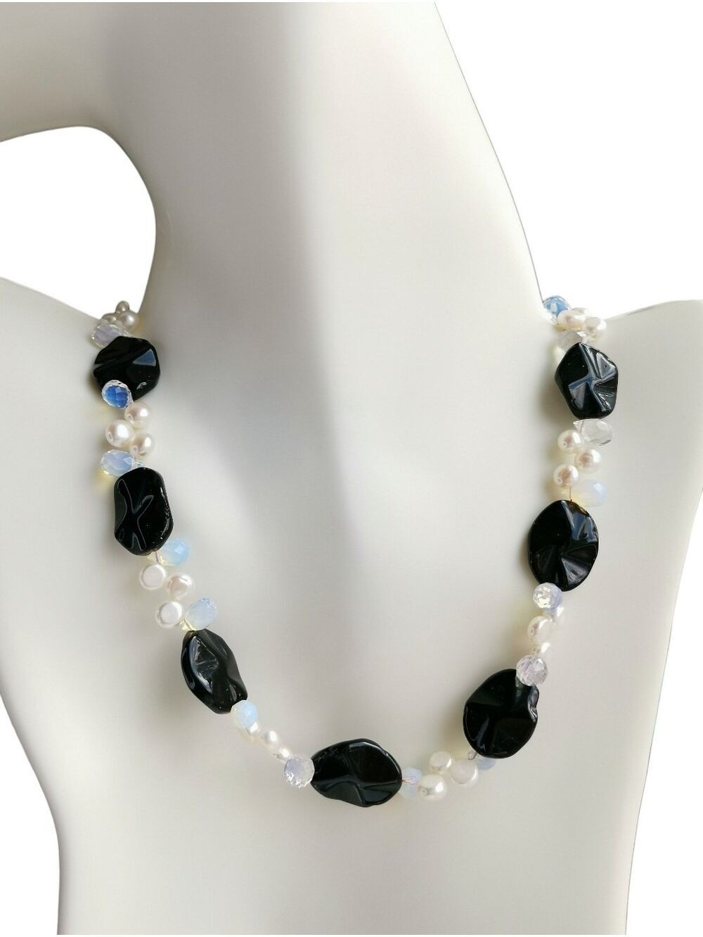 Black Czech Pressed Glass Beads Freshwater Pearls Opalite Necklace